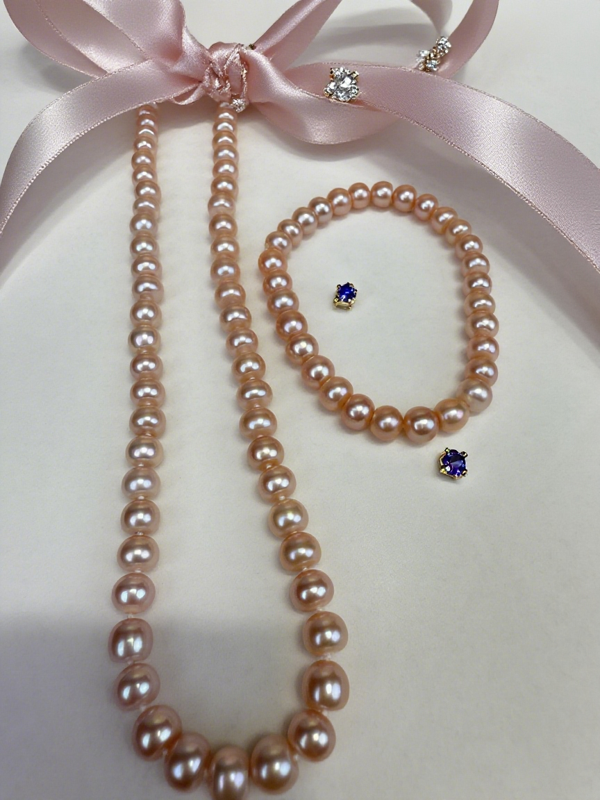 Pink Freshwater Pearl Necklace and Bracelet Set