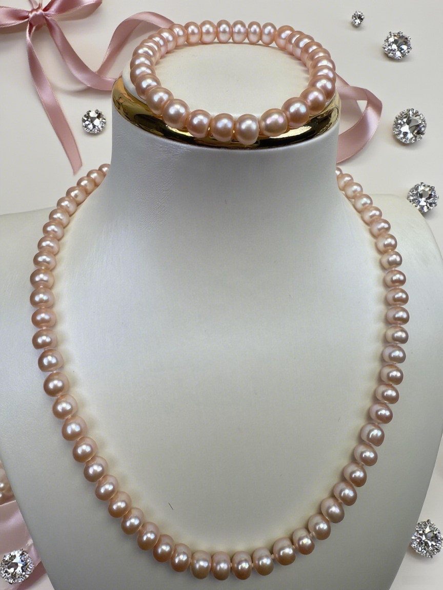 Pink Freshwater Pearl Necklace and Bracelet Set