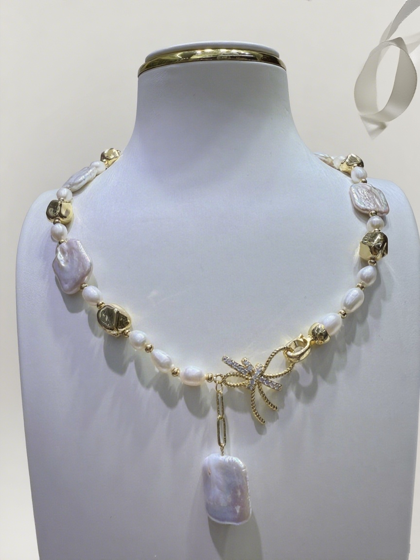 White and Purple Iridescent Baroque Necklace