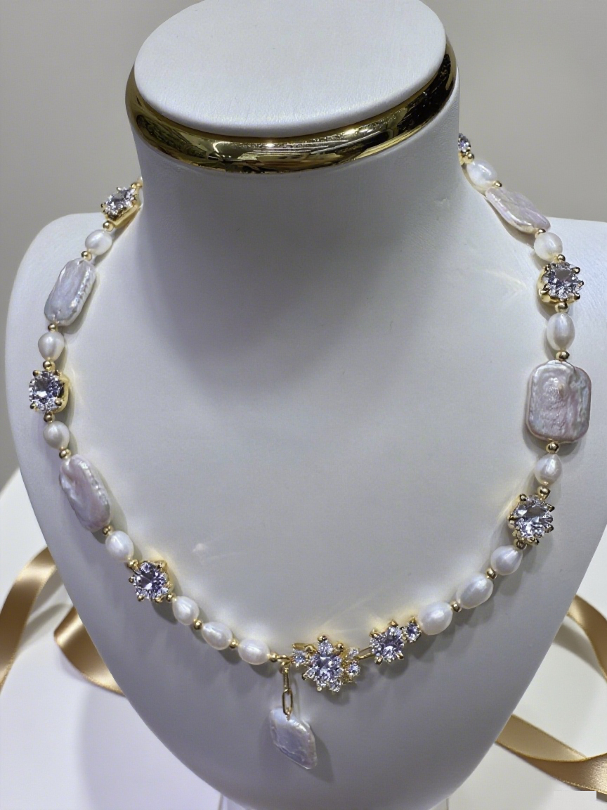 White and Purple Iridescent Baroque Necklace